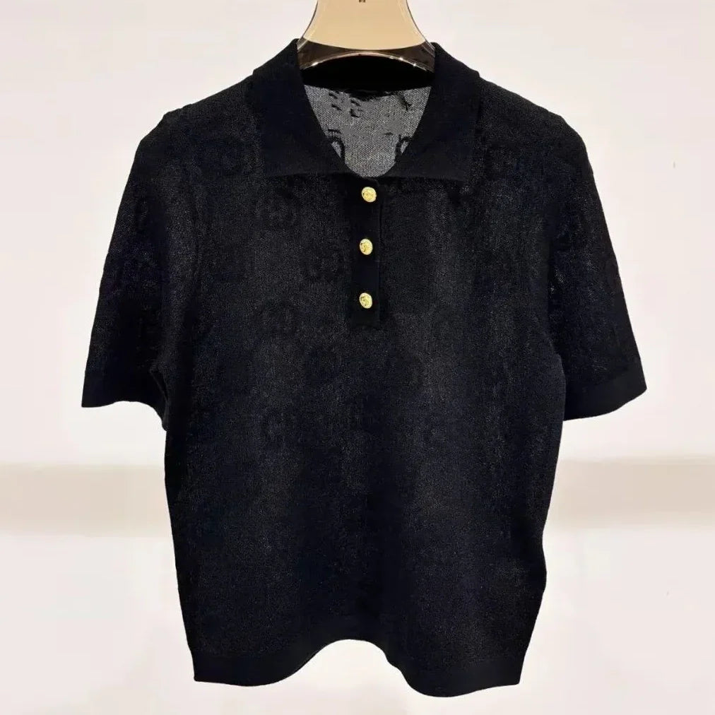 G Luxurious solid color jacquard polo knit sweater 1025051609
