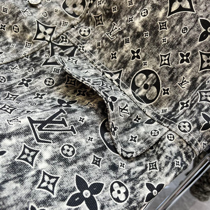Dark pattern distressed old flower all over printed denim jacket XC0823110310