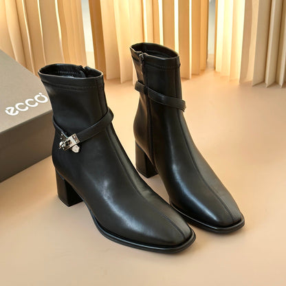HM Square toe chunky heel leather short boots 1824101402