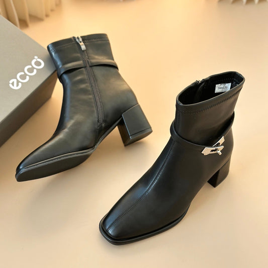 HM Square toe chunky heel leather short boots 1824101402