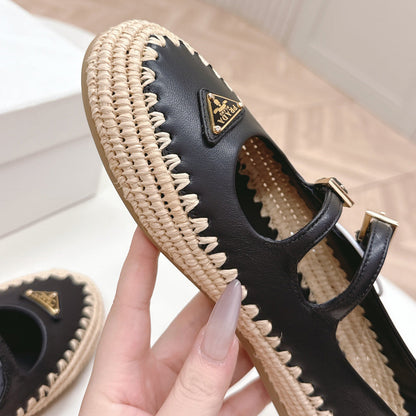 Raffia Straw Mary Jane Flat Single Shoes 1025051503