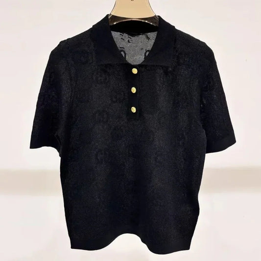 G Luxurious solid color jacquard polo knit sweater 1025051609