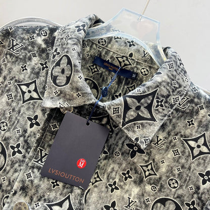 Dark pattern distressed old flower all over printed denim jacket XC0823110310