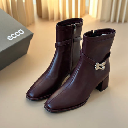HM Square toe chunky heel leather short boots 1824101402