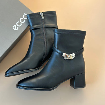 HM Square toe chunky heel leather short boots 1824101402