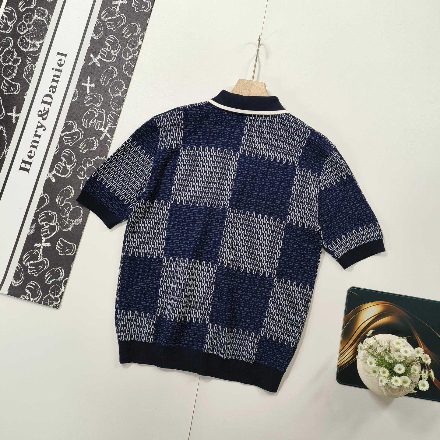 LV  Checkerboard mercerized cotton knitted short sleeves 1825022817