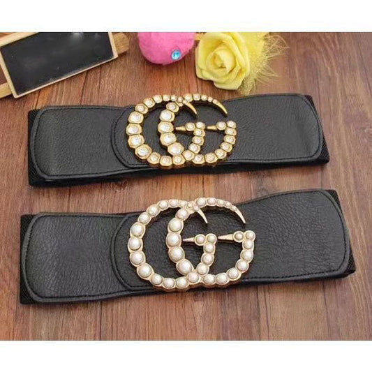 Alphabet Decorated Elastic Girdle Pearl Rhinestone Elastic Wide Belt