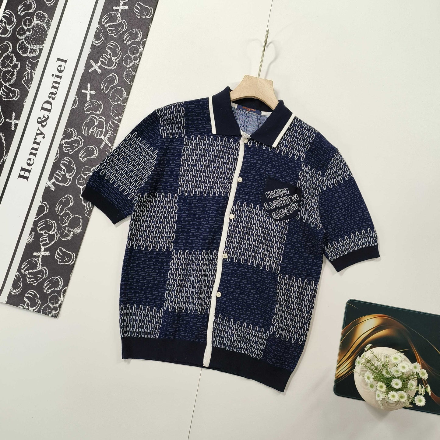 LV  Checkerboard mercerized cotton knitted short sleeves 1825022817