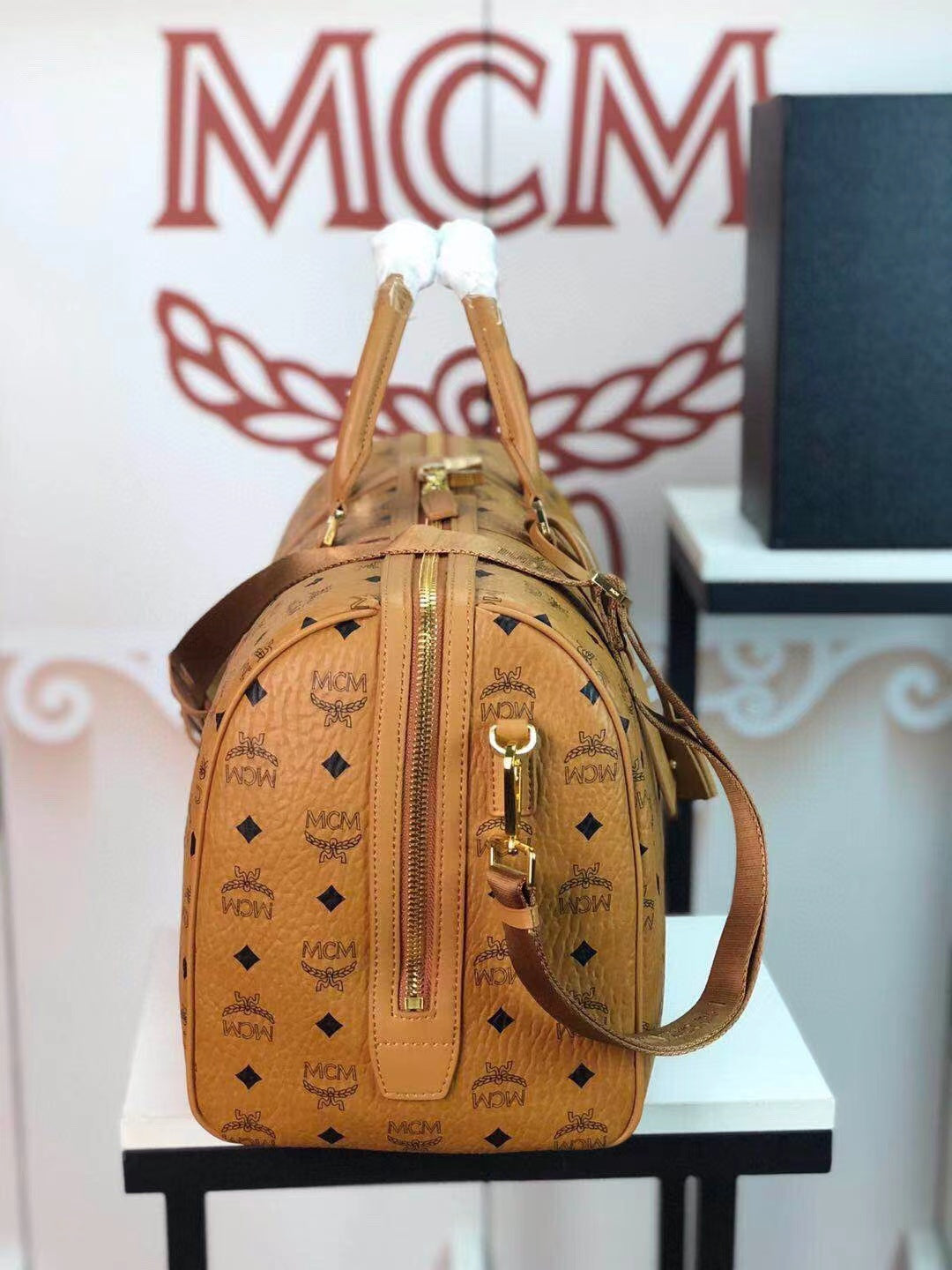 M Brown leather large size Travel Bag portable with diagonal span