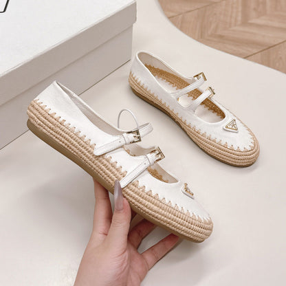 Raffia Straw Mary Jane Flat Single Shoes 1025051503